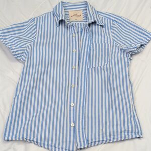 Hollister Mens Sky Blue and White Striped Button-Up Shirt